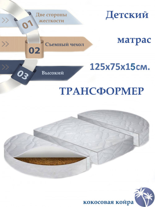 Матрас для кроватки-трансформер 75*75*125 15 см Элит жаккард стяжка (овал/круг)